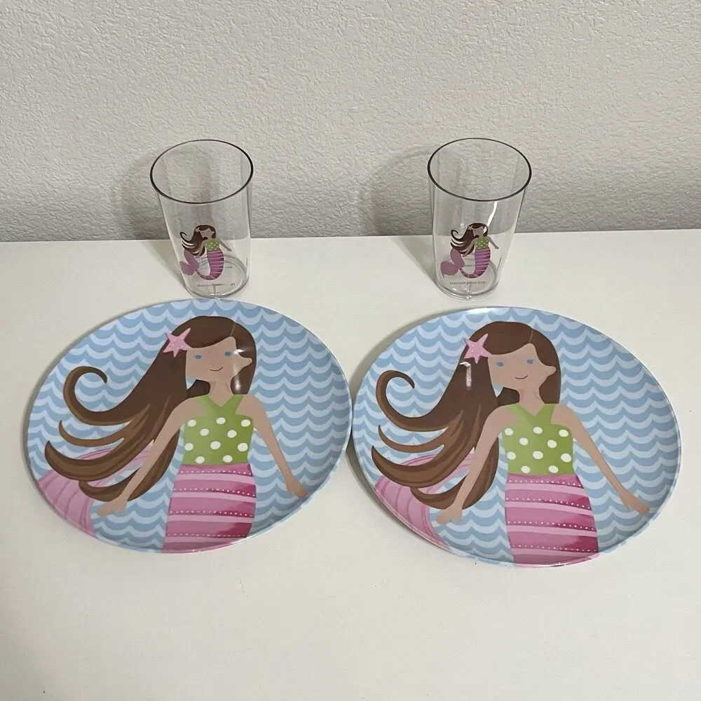 Pottery Barn Kids Mermaid Melamine Plates and Cups Lot Brown Hair Blue Eyes